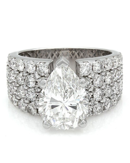 Wide Pave Diamond Engagement Ring with Pear Center in 18k White Gold